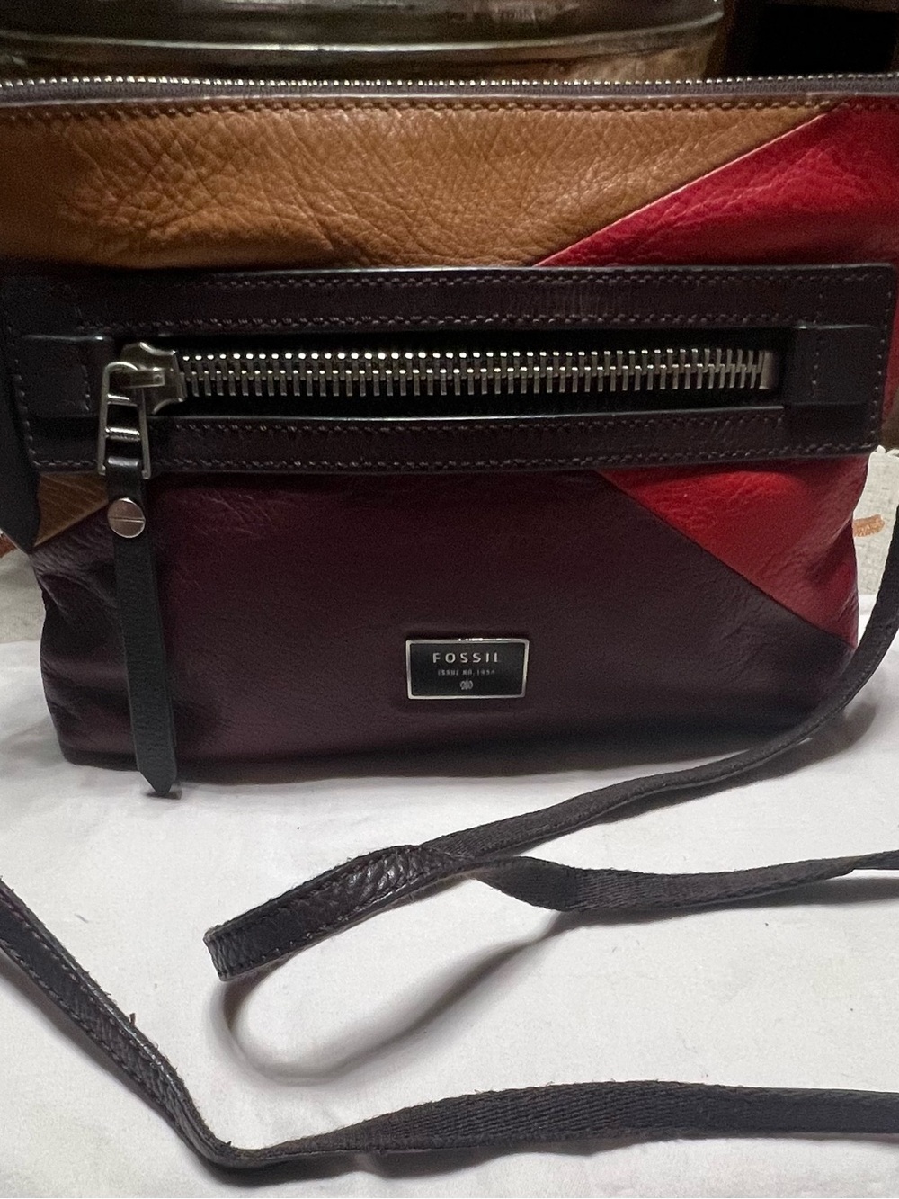 Fossil Multicolor Leather Colorblock Crossbody - Red, Brown, Tan